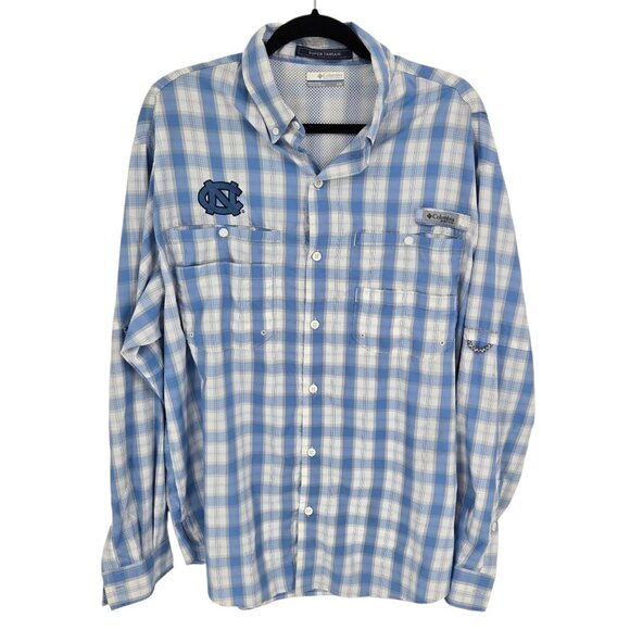 Columbia PFG Super Tamiami mens Large blue white North Carolina fishing shirt